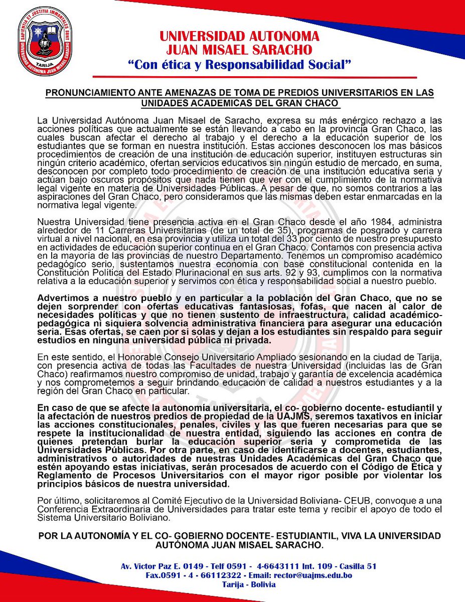 Apostolosrojo's tweet photo. La #UJuanMisaelSaracho se pronuncia y denuncia intentos de toma de predios por parte de una supuesta U del Gran Chaco apadrinada por un traidor, solo porque #EvoPueblo la entregó?🤔 #CEUB #MinEducación https://t.co/YQ35Hq51jD