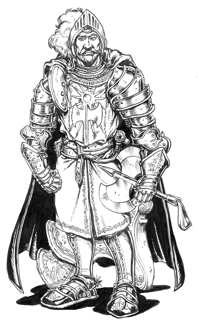 Inktober Day18. Prompt=Saddle. Jeffrey D'Averc, human Cavalier/Paladin. Massively strong, he rides boldly - golden eyes flashing, ginger hair flowing - through the land doing daring deeds in the name of, well, the D'Avercs. On the ground behind him is a medieval SADDLE.