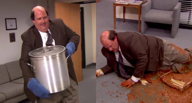 Step 1: Instruct Student X to leave freshly-made-in-Food-Tech curry at the front to avoid spillage. 

Step 2: Hear the utter calamity &amp; carnage as Student X DOESN’T follow instruction and spills said curry in mortifying ‘The Office’ reenactment. 

Send help. And carpet cleaner…