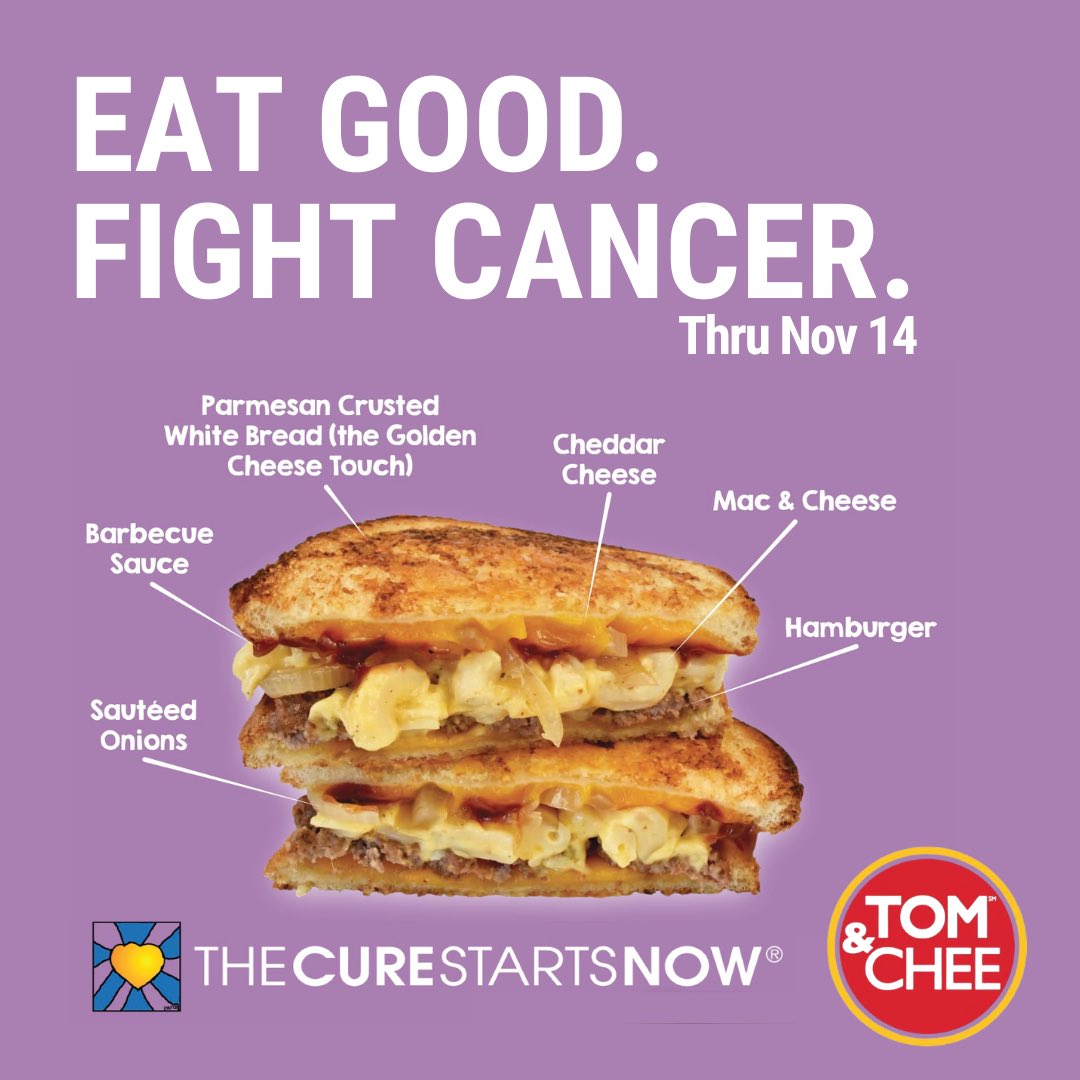 The ingredients are great & so is the cause! Order the ‘Golden Cheese Touch’ now through Nov 14th & a portion of the proceeds benefits @CureStartsNow. This limited time melt is available at all Tom & Chee locations, including Tom & Chee + Gold Star in Anderson Township.