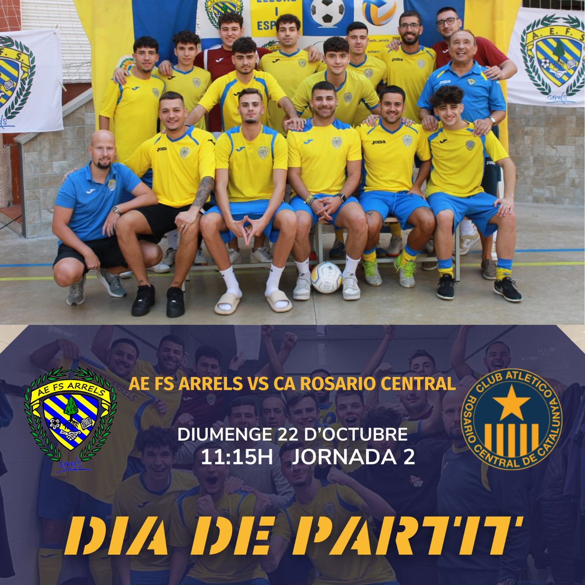 1r equip ⚽️ 🟡🔵
🏆Divisió d’honor - Grup 2 - Jornada 2
🆚 <a href="/R_Central_Cat/">Rosario Central Catalunya</a>
🗓️ Diumenge 22/10/2023
⌚️11:15h
🏟️ CEM Bon Pastor

#futbolsala #futsal #aefsarrels #congredindians