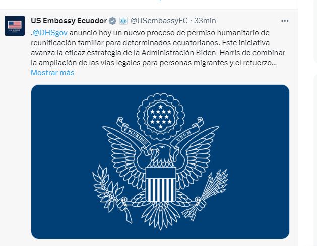#Urgente: la Embajada de Estados Unidos (EE.UU) en 𝗘𝗰𝘂𝗮𝗱𝗼𝗿 confirma que ese país inicia un proceso humanitario de reunificación familiar para 𝗲𝗰𝘂𝗮𝘁𝗼𝗿𝗶𝗮𝗻𝗼𝘀. Publicará pronto información detallada sobre el proceso de solicitud y los criterios de elegibilidad.