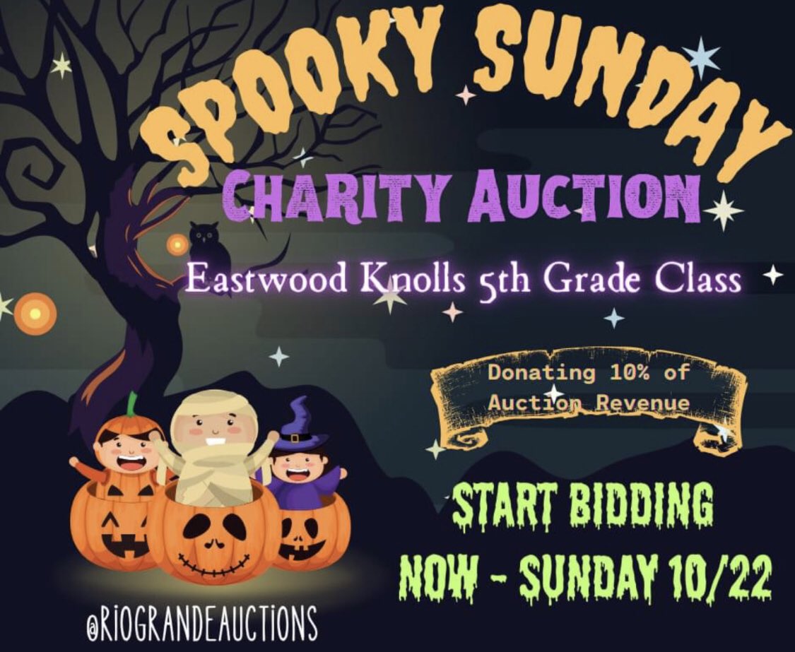EastwoodKnolls's tweet photo. @EastwoodKnolls 5th Grade is Partnering w/ Rio Grande Auctions!

Join our Online Fundraiser for a Fun Way to Earn Money for Our School. 

Register for a free account at:
 https://t.co/rsWDc7dcTB

Click the Link Below: ⤵️👻🎃💀

https://t.co/gUahO4yMhh https://t.co/oFrSQ7tZdj