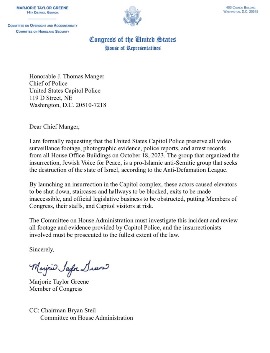 I am formally requesting that the United States Capitol Police preserve all video surveillance footage, photographic evidence, police reports, and arrest records from all House Office Buildings on October 18, 2023. @CapitolPolice