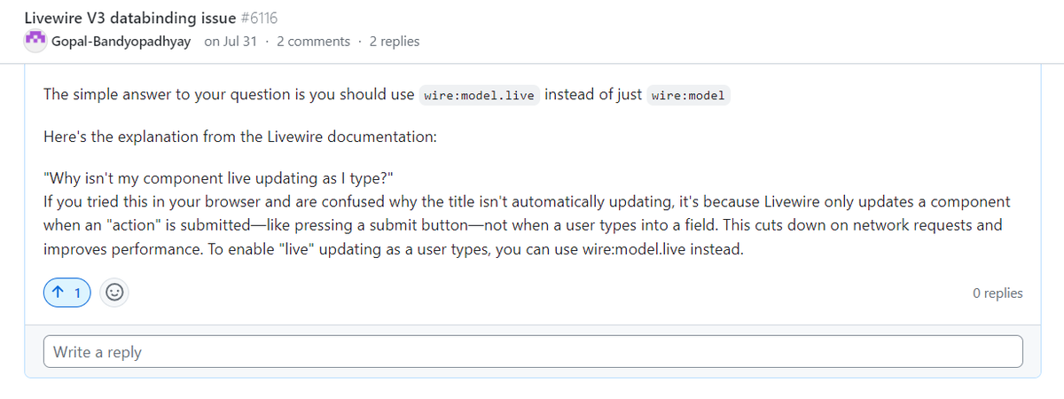 mdbilal_tweets's tweet photo. Learned about #livewire components and data-binding. Stumbled upon a problem and researched to find out someone else was also stuck in the same problem. Then found the solution from the documentation and contributed to the #GitHub issue.

#opensource 
#Day03 of #100DaysOfCode https://t.co/3Zz0g83UoC