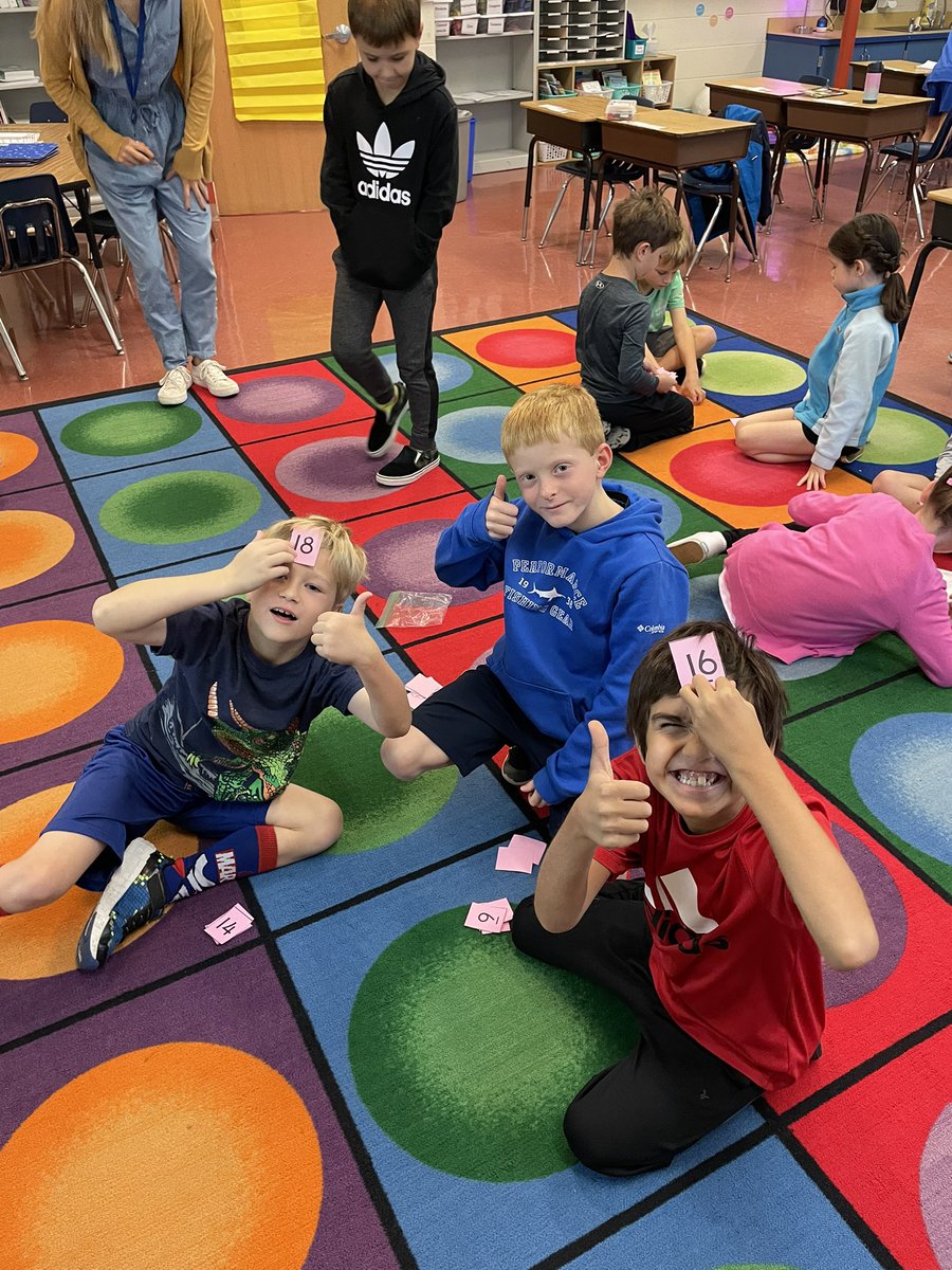 Ms. Baylor’s class stretched their addition & subtraction thinking playing “headache.” The judge finds the sum of both players’ numbers & tells the players. Players solve for the number on their own forehead using their opponents number and the sum @TuckahoeSchool #tuckahoerocks