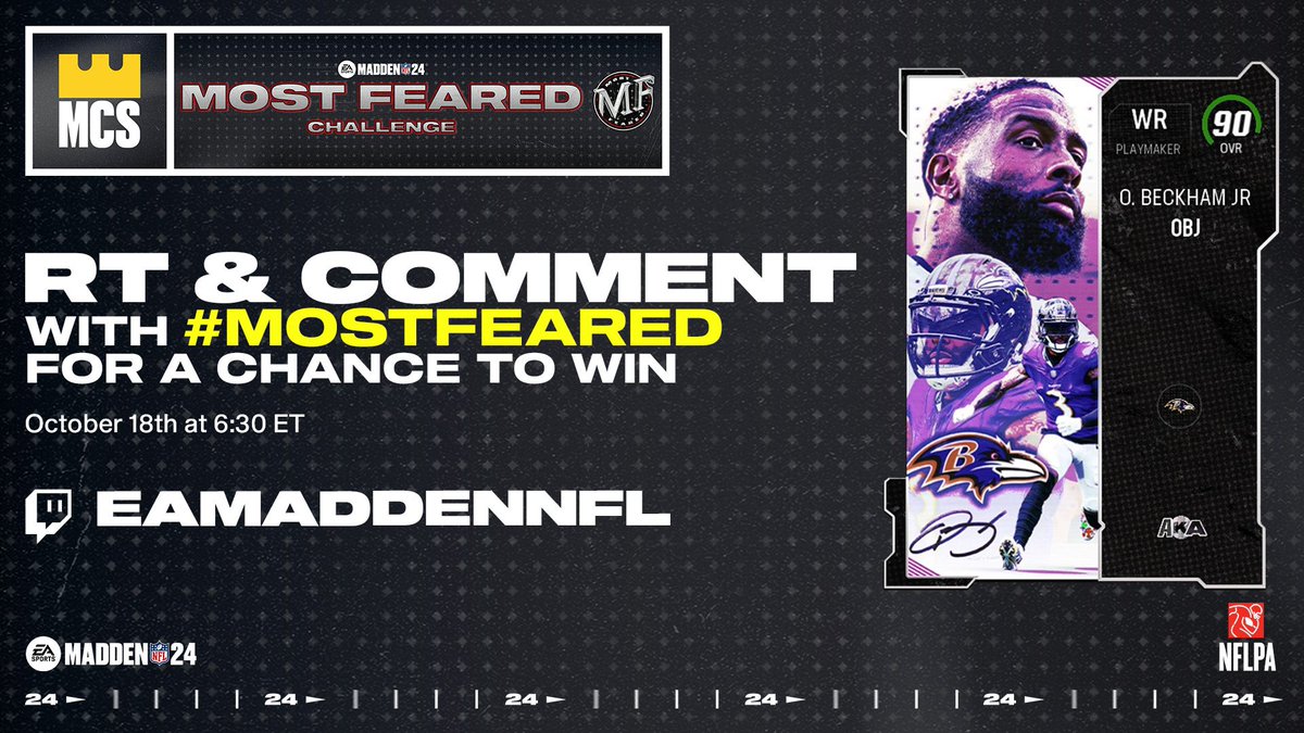 🚨GIVEAWAY 🚨

SECOND BELT DAY OF THE MCS SEASON IS TONIGHT ON Twitch.tv/EAMaddenNFL 

To enter 👇🏼
Retweet
Comment #MostFeared

Also who do you have winning out of the 4 competitors tonight?