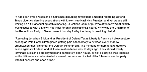 RobertDownen_'s tweet photo. In statement, House Speaker Dade Phelan spox @caitwittman calls on Tim Dunn and Farris Wilks to terminate Jonathan Stickland and "clean house," lest they be remembered as "the billionaires who bankrolled a sexual predator (Slaton) and invited Hitler followers into the party." https://t.co/iLCXyIiu7d