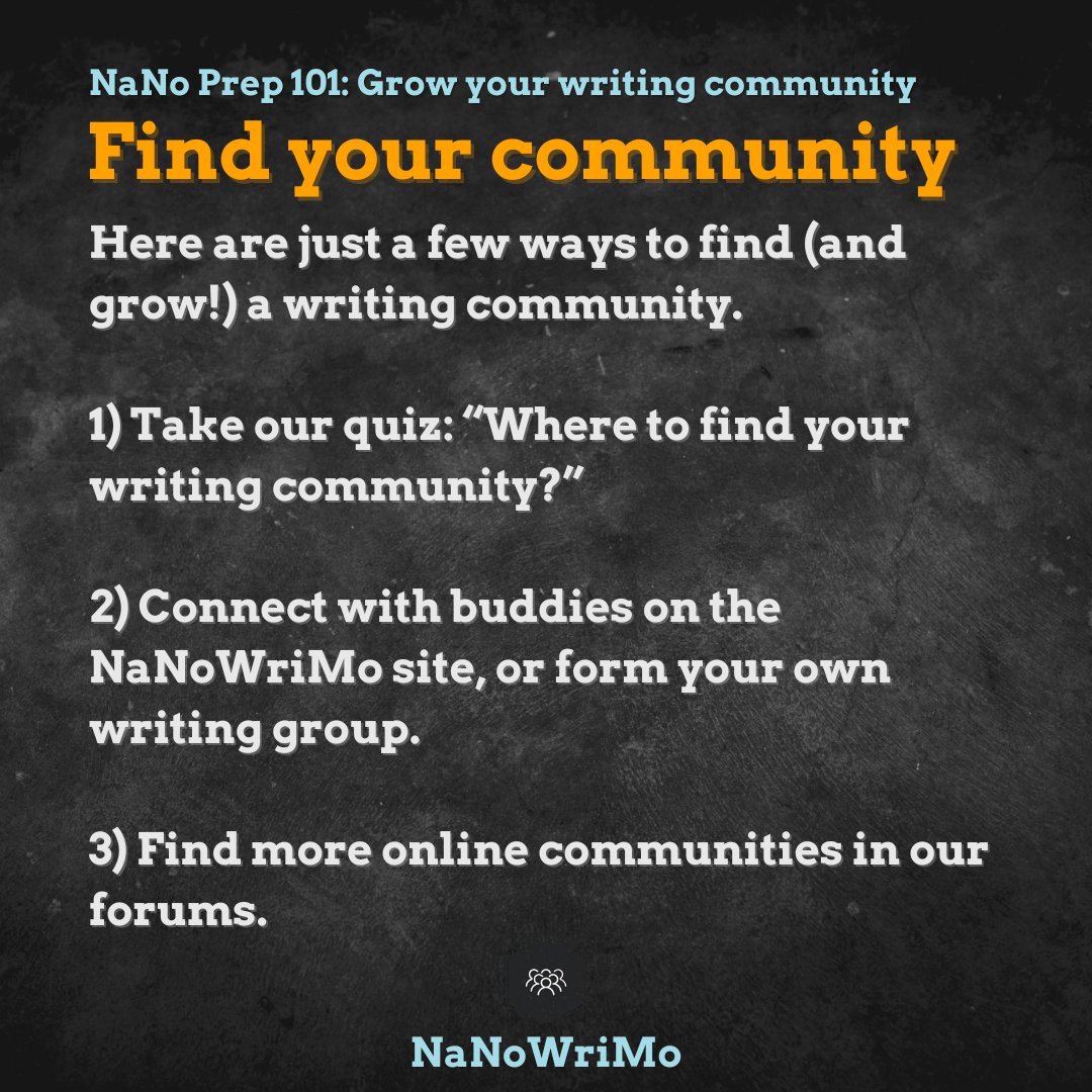 NaNoWriMo's tweet photo. Head on over to our free, self-paced #nanoprep101 course to explore all our resources and exercises for finding, growing, and rallying your writing community. 🎉
https://t.co/s1Y8VoZwTI
#NaNoWriMo #NaNoPrep #novelprep #amwriting #preptober #writingcommunity #communityfirst https://t.co/aviP5lHTaS