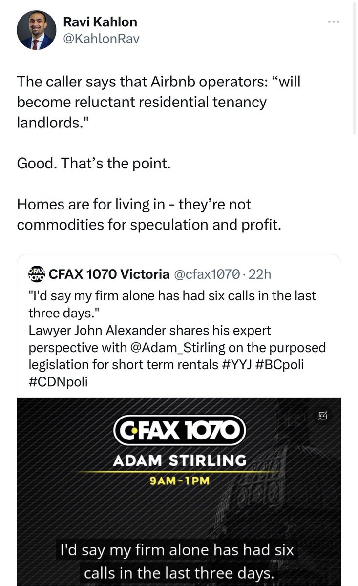 Great response from <a href="/KahlonRav/">Ravi Kahlon</a> on the new short term regulations fallout. <a href="/Airbnb/">Airbnb</a> <a href="/vrbo/">Vrbo</a>