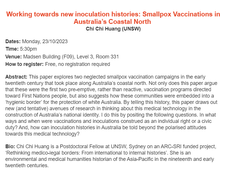 TheIncommensur1's tweet photo. The next speaker in the HPS Seminar series is Dr Chi Chi Huang.

Title: Working towards new inoculation histories: Smallpox Vaccinations in Australia’s Coastal North

When: Monday, 23/10/23, 5:30pm
Where: Madsen Building (F09), Level 3, Room 331 https://t.co/TtRquH9uhn