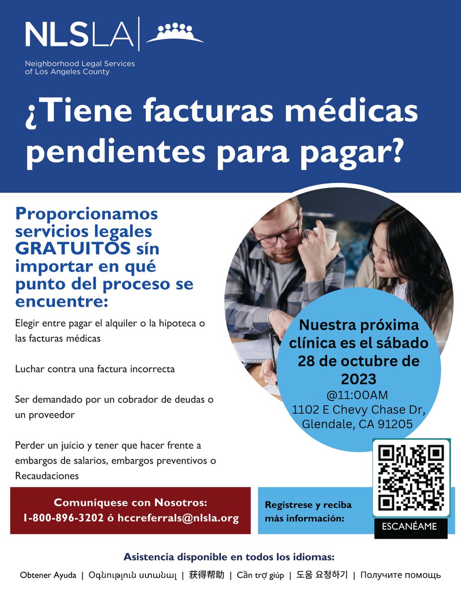 <a href="/nlsla/">NLSLA</a> Free in-person legal help to answer all your #MedicalDebt questions.

📅 Saturday, October 28 at 11:00 a.m.
📍   1102 E Chevy Chase Drive
      Glendale, CA 91205

Ayuda legal gratuita en persona para todas sus preguntas sobre deudas médicas.