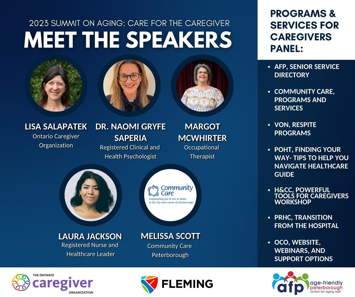 Meet the speakers of this year’s Summit on Aging: Care for the Caregiver. If you support an older adult or are a professional who supports caregivers, plan to attend this event.
Thurs. Oct. 26, 9am-4pm at Fleming College, Peterborough 
Register today at bit.ly/summitonaging