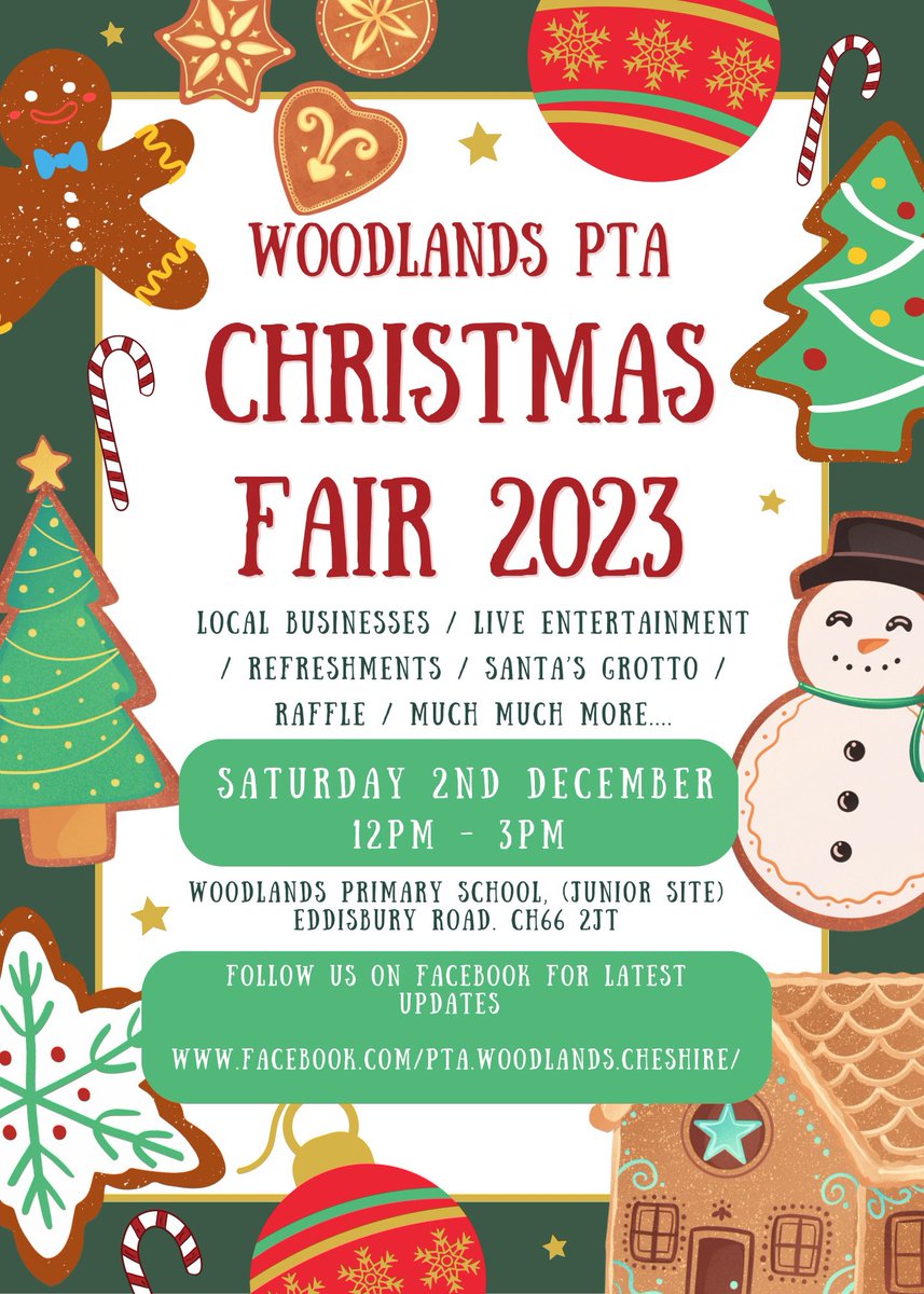 We are excited to announce our 2023 Christmas Fair!! 🎉🎄🎅🏻

Saturday 2nd December - 12pm - 3pm.

If you would like to help with the organisation of our Christmas Fair, or you are a small business wanting to hire a stall, please email woodlands.pta@hotmail.co.uk.