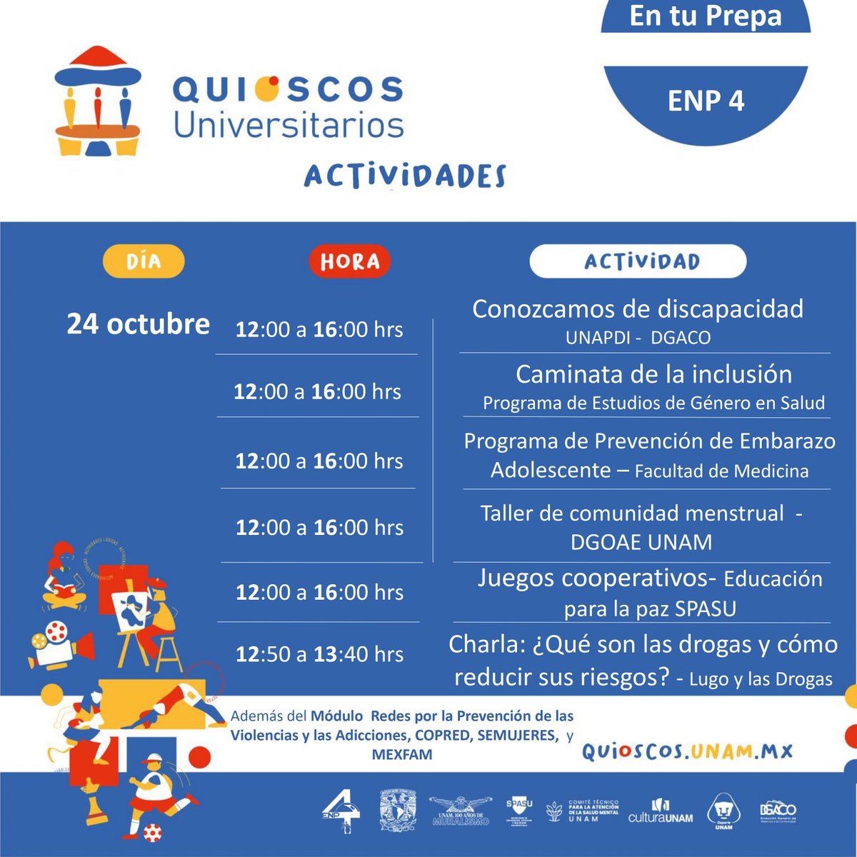 Comunidad_UNAM's tweet photo. 🎪🎉#ComunidadUNAM de #ENP4 ¡Alístenese para disfrutar y compartir su tiempo de esparcimiento! ¡Porque este martes 24 de octubre es de #QuioscosUniversitarios y se hablarán las netas sobre el consumo de #SustanciasPsicoativas con @lugoylasdrogas! https://t.co/j6GBTKKf0r