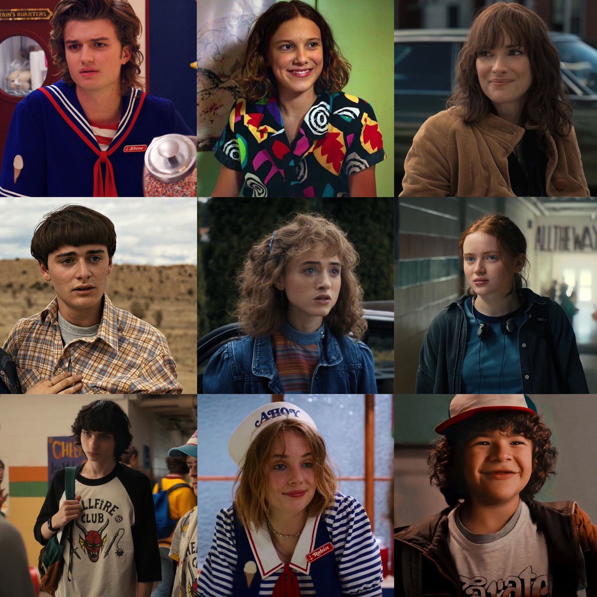 villanx's tweet image. remove one character from each row (stranger things edition)