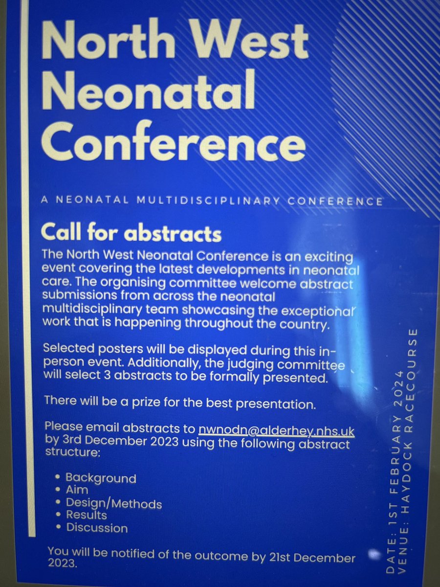 Abstracts welcome for the highly anticipated national multidisciplinary North West Neonatal Conference - come showcase the amazing work you’re doing on your NICU. Submit your abstract by 3rd December 2023 #NICU #developingandapplyingresearch @NWNeonatalODN @BAPM_Official