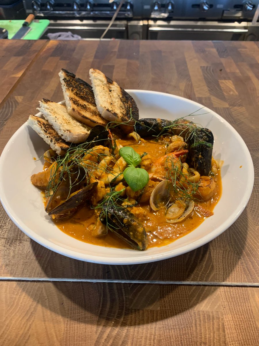 Join us tonight for our delicious Burrida seafood stew! Shrimp, Calamari, Clams, Mussels, West Coast Grouper in a delicious Fennel, Red Bell Pepper, and Saffron Broth!