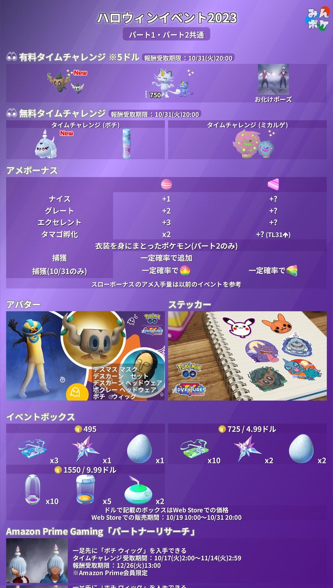 pokemongo_db's tweet photo. 本日10時から「ハロウィンイベント2023 パート1」が開催！

⚡開催期間
10月19日(木)10:00〜10月26日(木)10:00

✔ボチが初登場
✔ボクレー色違いが初登場
✔タイムチャレンジ3つ(報酬でミカルゲ、ボチ、お化けポーズ)
✔7kmタマゴからゴンベ、リオル、ガラルデスマス
など
 https://t.co/E920sGVpIT #ポケモンGO