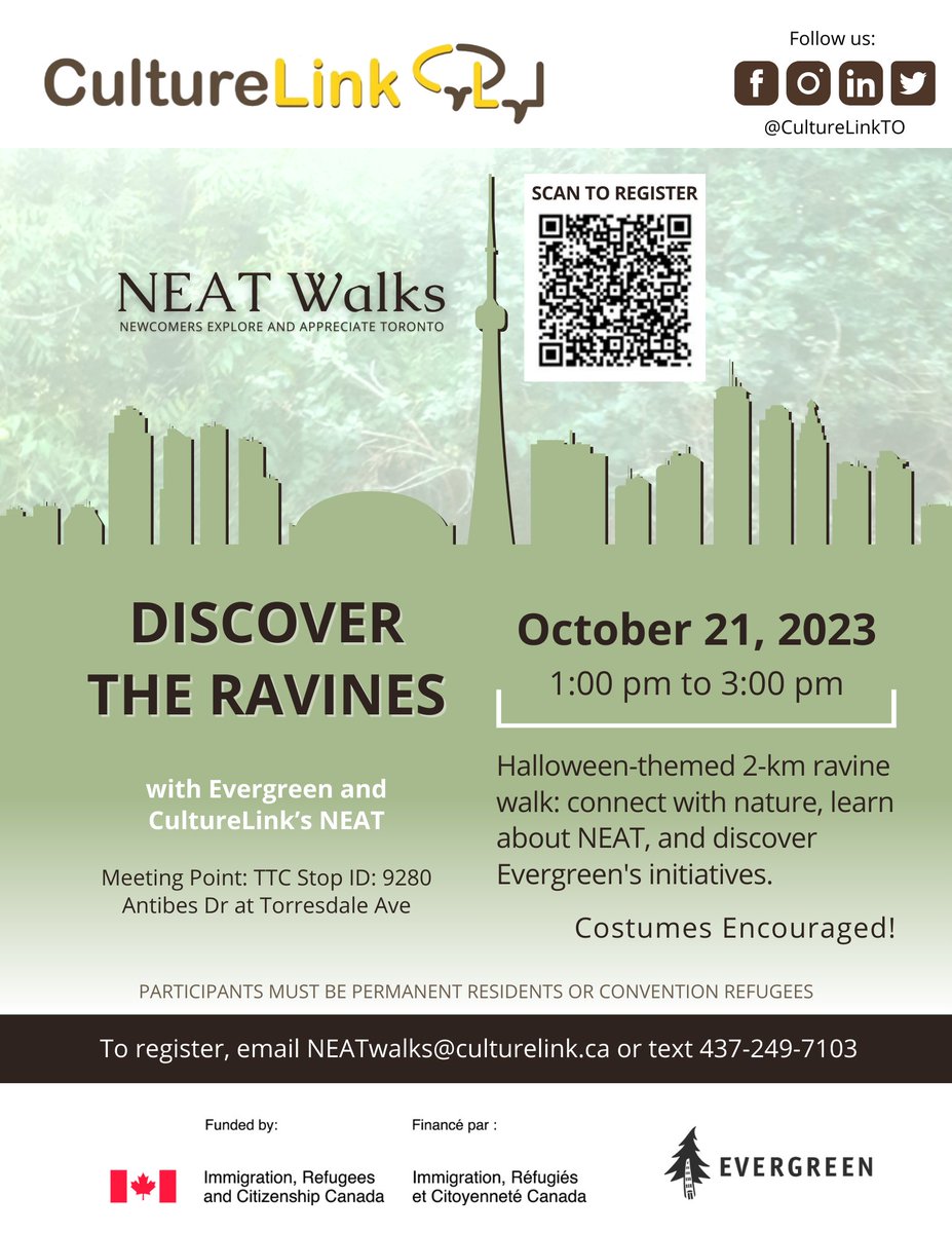 RubeenTO's tweet photo. FREE guided hike for @newcomers - in collaboration with @EvergreenCanada and @EGBrickWorks   Happening  this Saturday, October 21 -- at 1 pm - Sign up via QR code https://t.co/4t079FYAfx