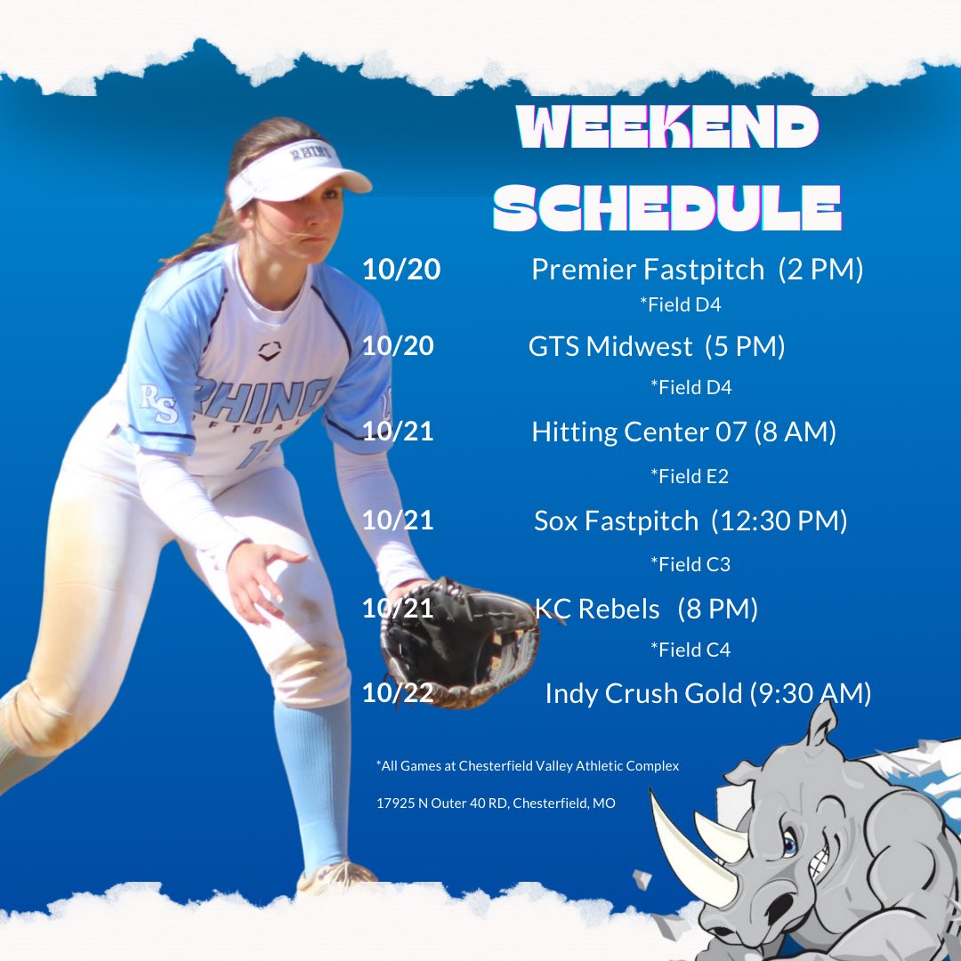 Rhino Softball-16U Holba (@rs_holba) on Twitter photo 📢🥎Schedule Drop!! ⬇️
Super excited to head to St. Louis this weekend.
6 chances to compete
6 chances to get better
6 chances to be seen
6 chances to grow
<a href="/rhino_softball/">Rhino Softball</a> <a href="/SoftballRecruit/">Softball Recruit 🥎</a> <a href="/PG_Uncommitted/">PG_Uncommitted</a> 📢🥎Schedule Drop!! ⬇️
Super excited to head to St. Louis this weekend.
6 chances to compete
6 chances to get better
6 chances to be seen
6 chances to grow
<a href="/rhino_softball/">Rhino Softball</a> <a href="/SoftballRecruit/">Softball Recruit 🥎</a> <a href="/PG_Uncommitted/">PG_Uncommitted</a>