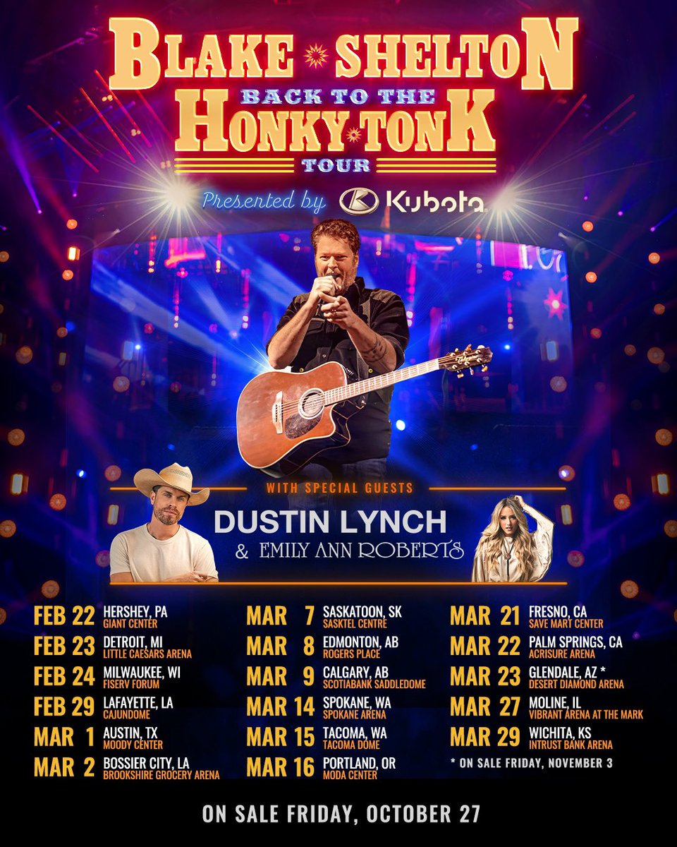 It's time to go BACK TO THE HONKY TONK! <a href="/blakeshelton/">Blake Shelton</a> hits the road again next year and is taking <a href="/emilyann_music/">Emily Ann Roberts</a> on the road with him! 🤠 More info at blakeshelton.com!
