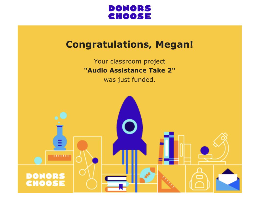 MegBernhardt11's tweet image. My @DonorsChoose project was funded! My students will be so excited for the remainder of my headphones set! #thankyou #helpateacher #clearthelist