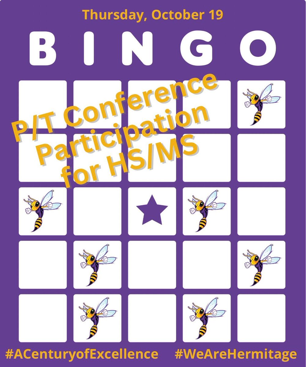 HermitageSchool's tweet image. Come see us tomorrow for P/T Conferences, 1-7 pm! HS/MS parents, stop by the office first to pick up your child’s grade card &amp;amp; a bingo card. The ms/hs class w/the highest parent % in attendance will win a prize! 💜💛💯 #conferencebingo #ACenturyofExcellence #WeAreHermitage