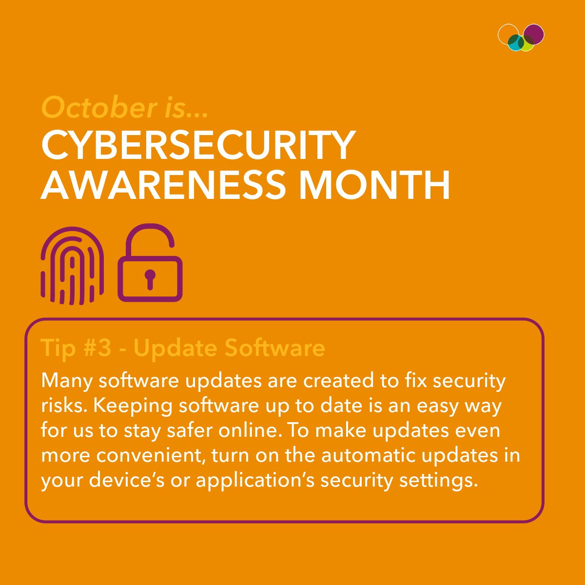 It's Cybersecurity Month, and we are bringing you tips and tricks to keep your information safe online. This week, let's talk about updating your software! Check out tip #3! More info: cisa.gov/secure-our-wor…