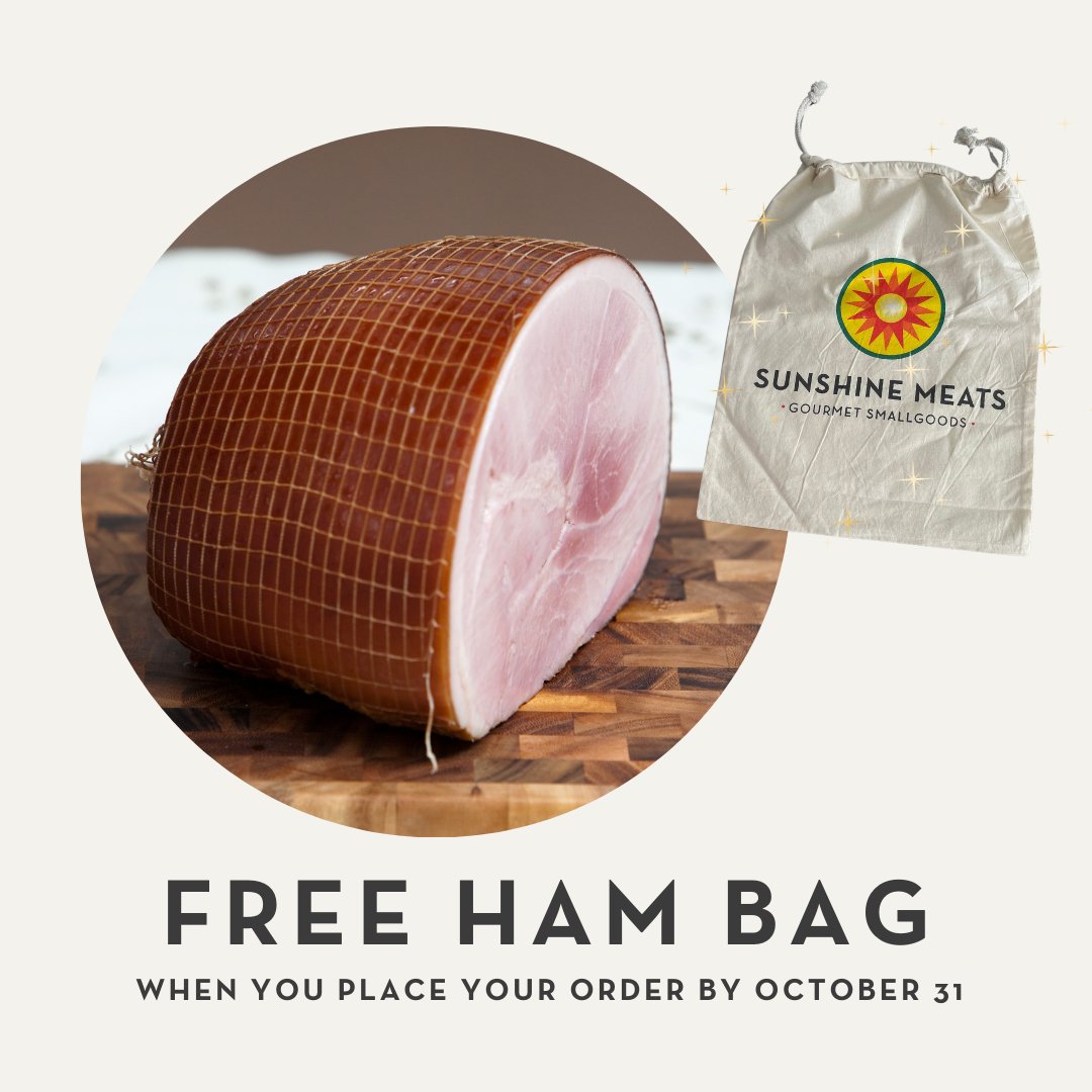 SunshineMeats's tweet photo. All Christmas orders placed before October 31 receive a FREE Sunshine Meats-branded ham bag. Order in-store or online at https://t.co/R916GdEvfy with home delivery available to most parts of Australia. Follow the postcode prompts on our website to see if we cover your area. https://t.co/OCtrNCBzBK