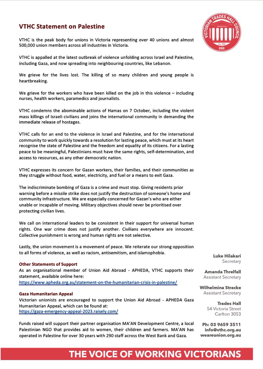 Unions are a movement of peace.

We believe humans rights are universal, not selective. 

Indiscriminate bombing in Gaza must stop &amp; humanitarian aid must be allowed in.

Hostages must be released.

Civilians, workers &amp; children must be protected. 

We grieve for the lives lost