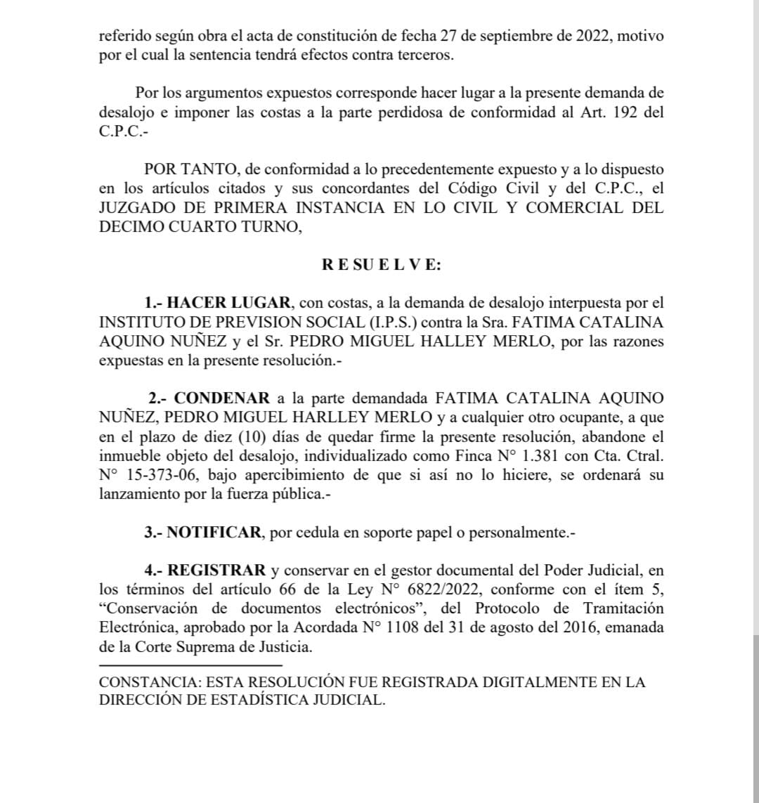 Justicia da la razón a <a href="/IPSParaguay/">IPS Paraguay</a> y  confirma acción de desalojo al Abog Pedro Halley y su pareja de casa de la previsional que usufructuaban sin pagar según denuncia realidad