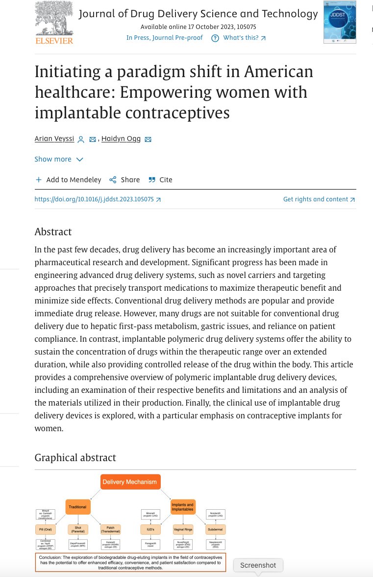 NPeppas's tweet photo. "Initiating a paradigm shift in American healthcare: Empowering women with implantable contraceptives". Two PhD students of @UTBiomedical published an article that is worth your attention! Arian Veyssi and Haidyn Ogg have written a very special treatise https://t.co/8HPCoAlZyD https://t.co/oCsmrIYfch