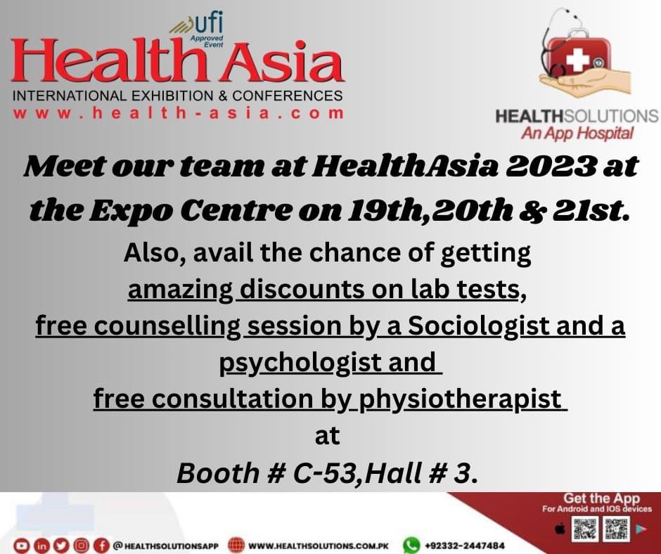 healthsolApp's tweet photo. HealthSolutions pvt. ltd. will be a part of HealthAsia 2023 from the 19th till the 21st of October.
Visit our booth no. C-53, Hall no. 3 to meet our team and avail discounted lab tests, and free consultations by psychologists, sociologists, and physiotherapists. https://t.co/ZbXBHo1VnL