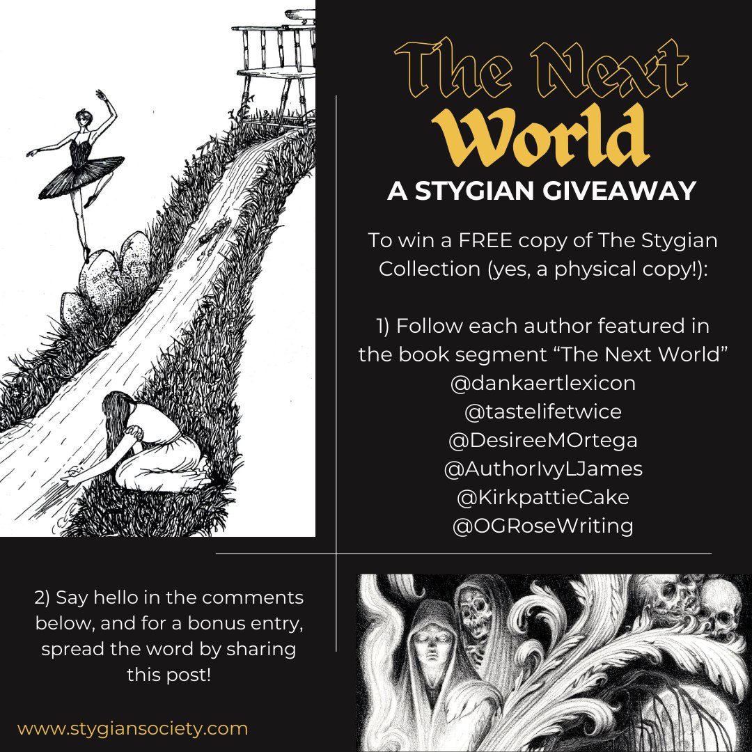 Giveaway time! To win a copy of The Stygian Collection, follow the authors featured in part 3 of the anthology, "The Next World"!
<a href="/dankaertlexicon/">NIghtwatch funded in 3 hours | Radio Retrofuture</a> <a href="/tastelifetwice/">Margaret ✨EXISTS IN THE CONTEXT✨ Pinard</a> <a href="/DesireeMOrtega/">Des is Ghostwriting on Twitch ☕️👩🏻‍💻</a> <a href="/AuthorIvyLJames/">Author Ivy L. James 🏳️‍🌈</a> <a href="/KirkpattieCake/">ばか</a> <a href="/OGRoseWriting/">O.G. Rose</a> 
Winner announced October 24 :)