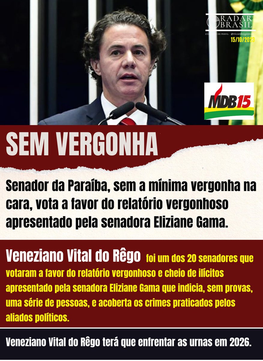 Os eleitores da Paraíba precisam saber que o senador Veneziano Vital do Rego votou a favor do vergonho relatório apresentado pela senadora Eliziane Gama que indicia inocentes e salva a pele dos verdadeiros culpados pelo vandalismo ocorrido no dia 8 de janeiro.