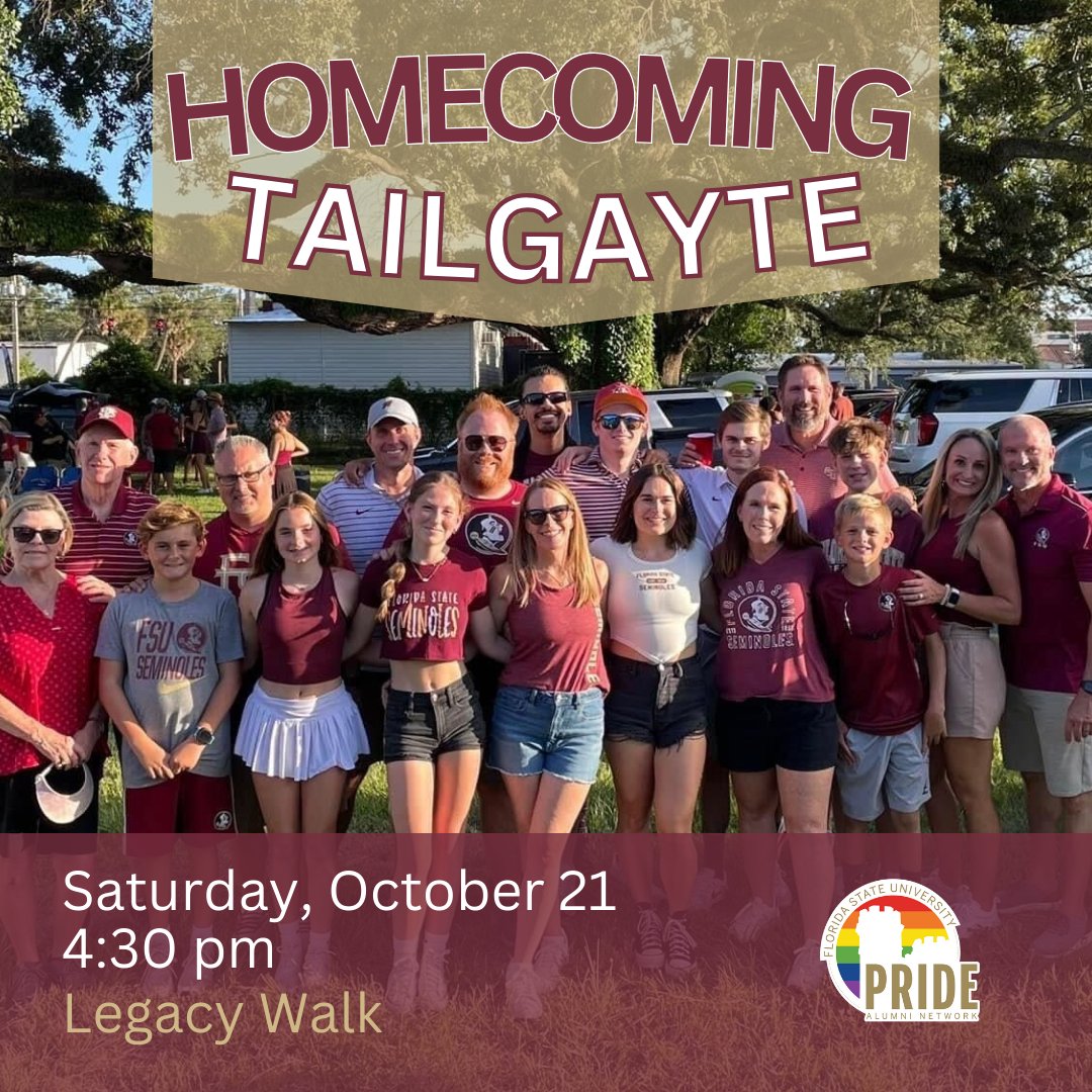Calling all Noles! Let's make Homecoming memorable at the Pride Alumni TailGAYte. Don't miss out - register today and let's cheer together. Go Noles! 🍢❤️💛 one.fsu.edu/events/2023/fs…