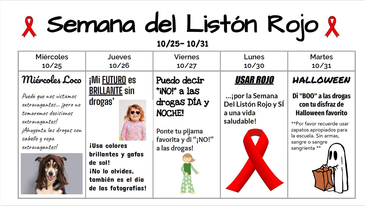 WillmoreWSD's tweet image. Red Ribbon Week starts next Wednesday, October 25th! Please read the attached fliers for details. #dualimmersion #dualimmersionprogram #redribbonweek @westminstersd @wsd_onthemove
