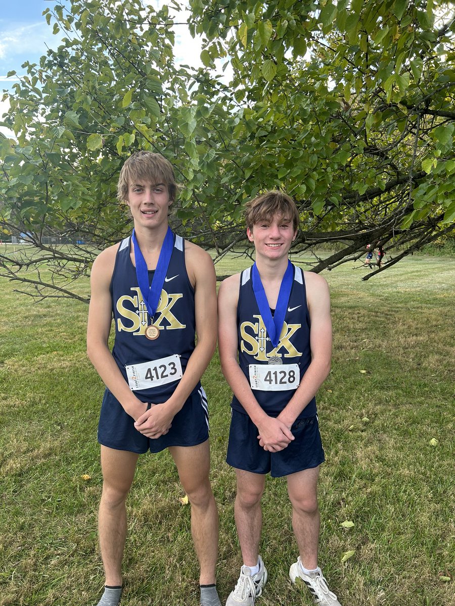 What a day! Eight St. Pius runners PR. Braeden (left) was 10th and Jayden was 2nd with a new school record of 16:43! #SuperSophomores
<a href="/stplancersports/">StPXsports</a>