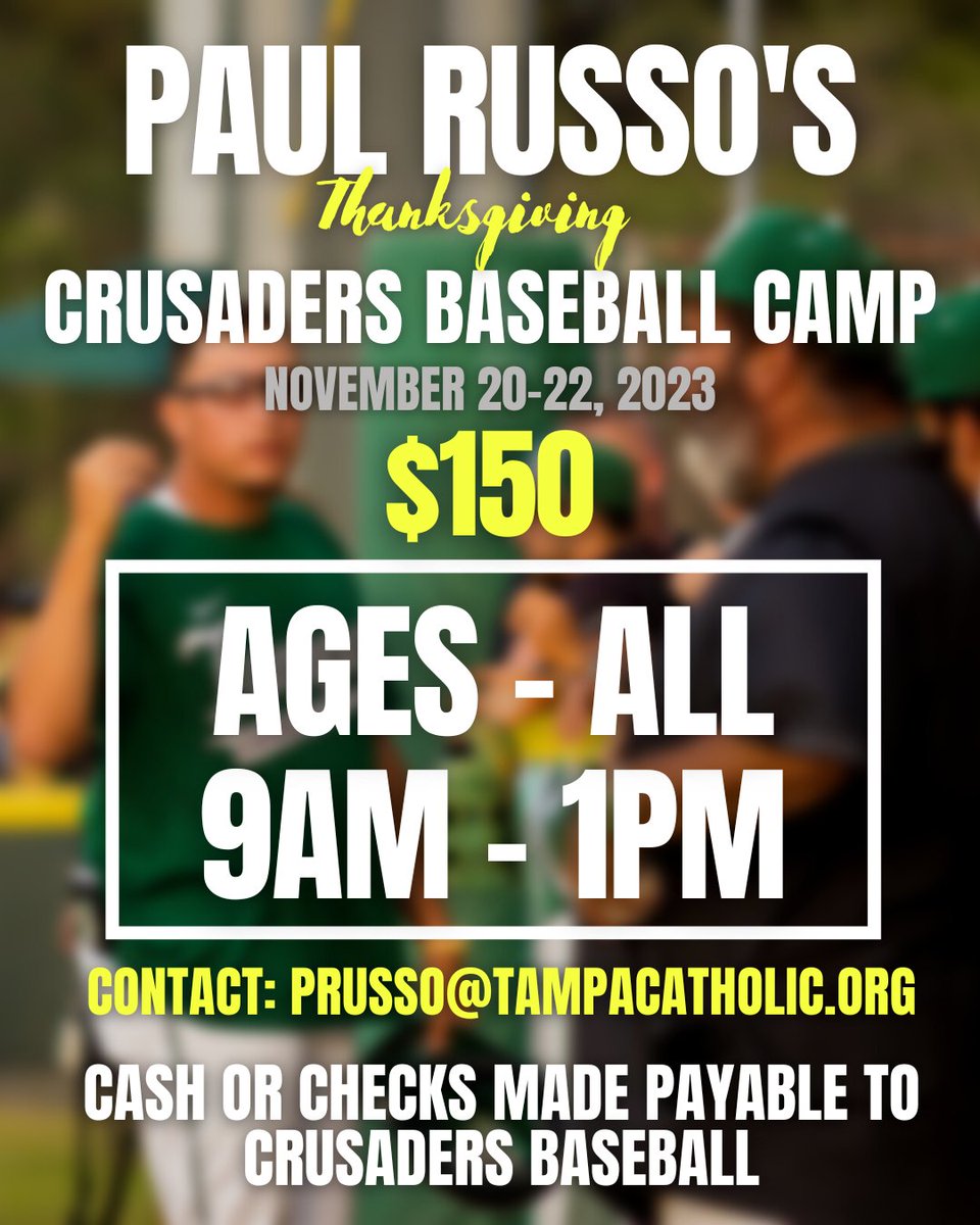 Get ready to swing for the fences this Thanksgiving! Join us at the Thanksgiving Crusader Baseball Camp from November 20th to the 22nd for just $150. To register, email prusso@tampacatholic.org. ⚾🦃 #BaseballCamp #ThanksgivingFun