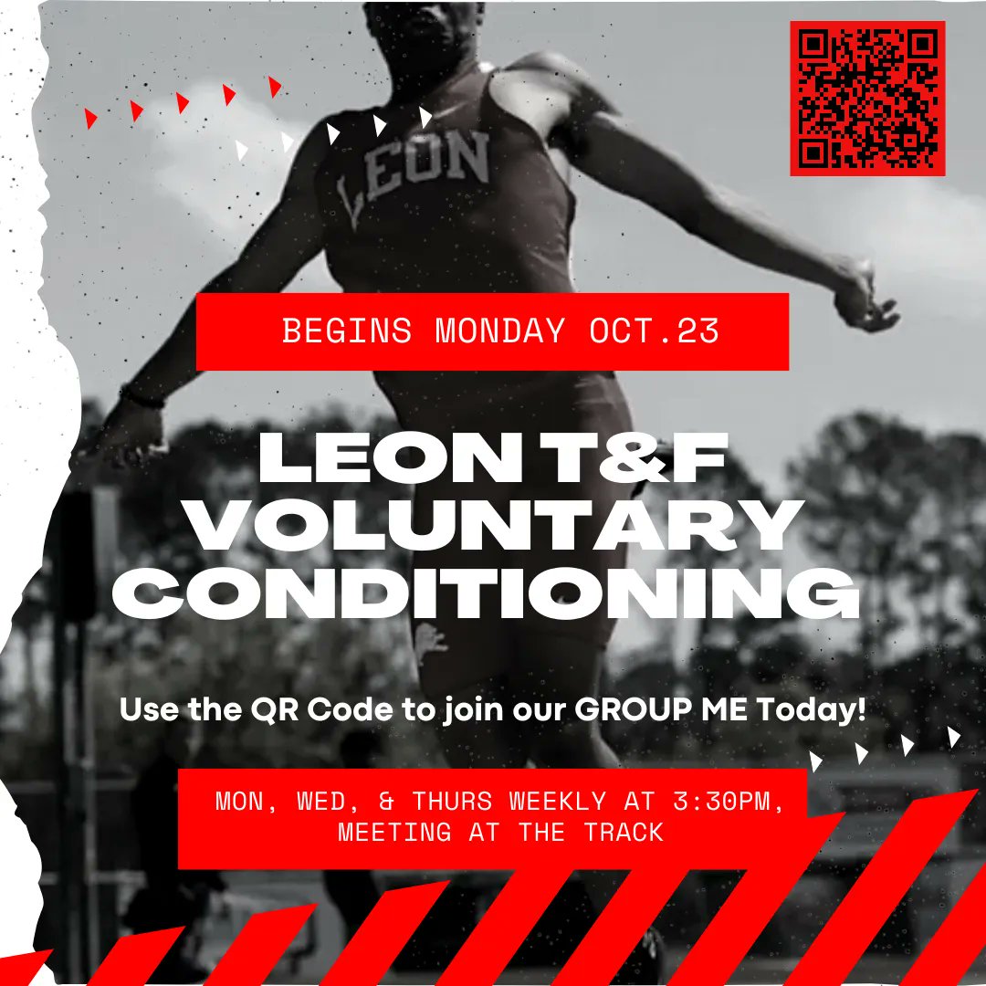 𝙇𝙤𝙤𝙠𝙞𝙣𝙜 𝙛𝙤𝙧 𝙖 𝙛𝙚𝙬 𝙜𝙤𝙤𝙙 🦁

Preseason conditioning kicks off next Mon., October 23, at 3:30pm.

Scan the QR code to learn more details and stay abreast of information for this upcoming season!

#LeonLions
#LeonTrackAndField
#OnePride