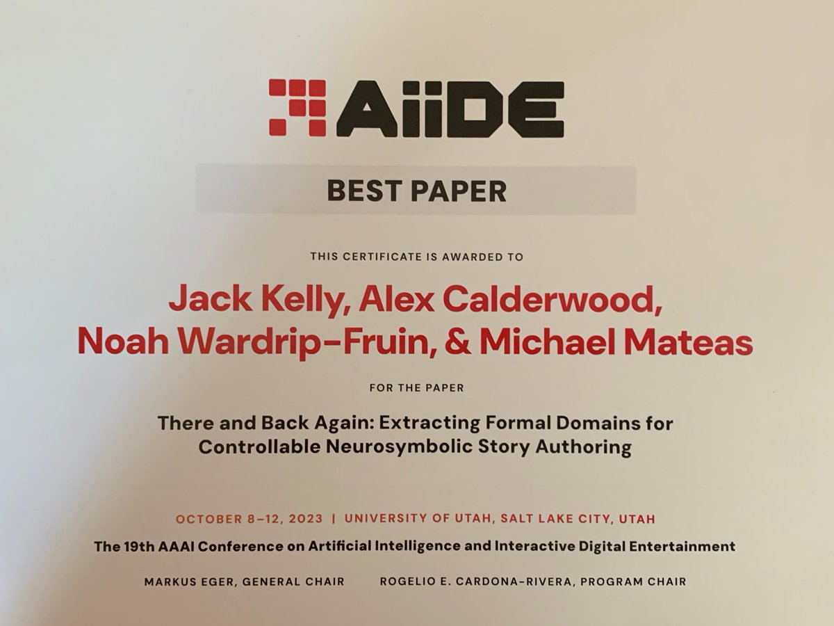 jckkel's tweet image. I&apos;m excited to share that my paper with @alex_calderwoo won the Best Paper award last week at #AIIDE!

It explores the potential for hybrid creative support systems that combine narrative planners and language models.

You can read it here: ojs.aaai.org/index.php/AIID…