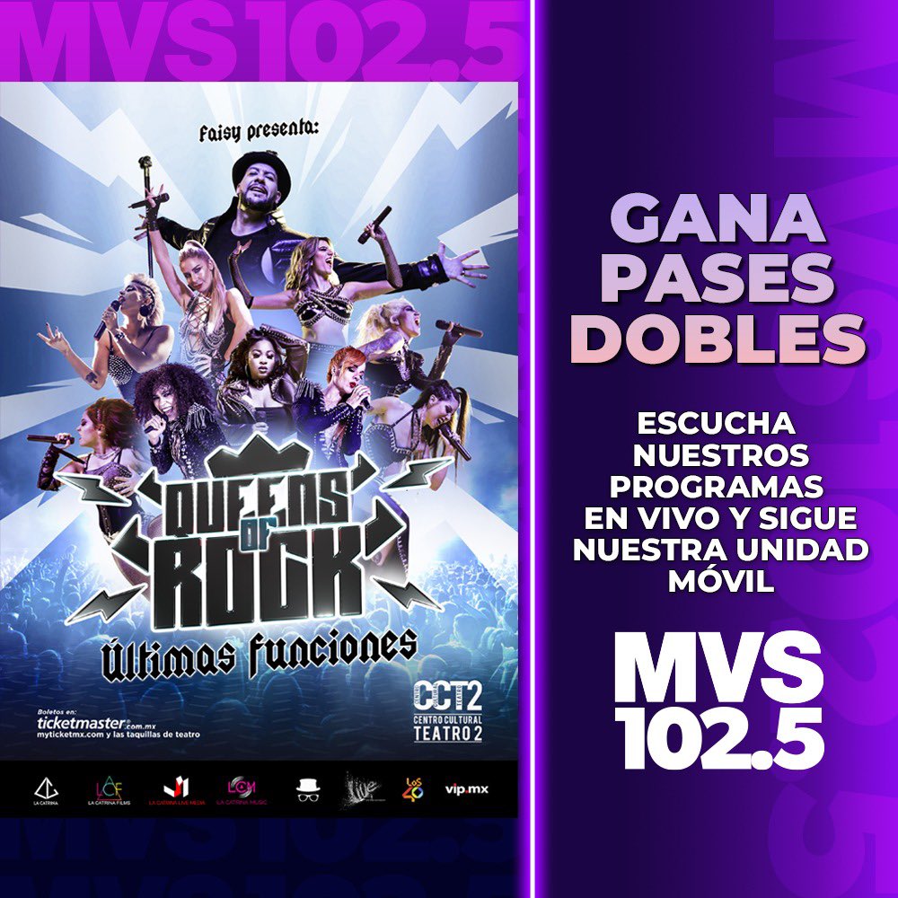 MVS102_5's tweet photo. 🎸¡Boletiza rockeraaa!🎸
🎤No te pierdas este homenaje a las canciones más emblemáticas del rock🤟
Te invitamos a #QueensOfRock
🔁Comparte este post
📩Y mándanos tus datos completos a premios@mvs.com https://t.co/6l4ztmTthl