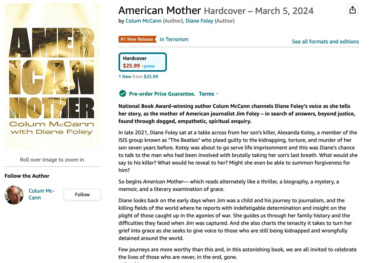 etruscan_press's tweet photo. Thanks for making American Mother a #1 New Release on Amazon!
#colummccann #dianefoley #jamesfoley #americanmother #indiepress #newrelease #preorder #BookTwitter #booklovers #etruscanpress #Amazon https://t.co/8nPVd9Tq6f
