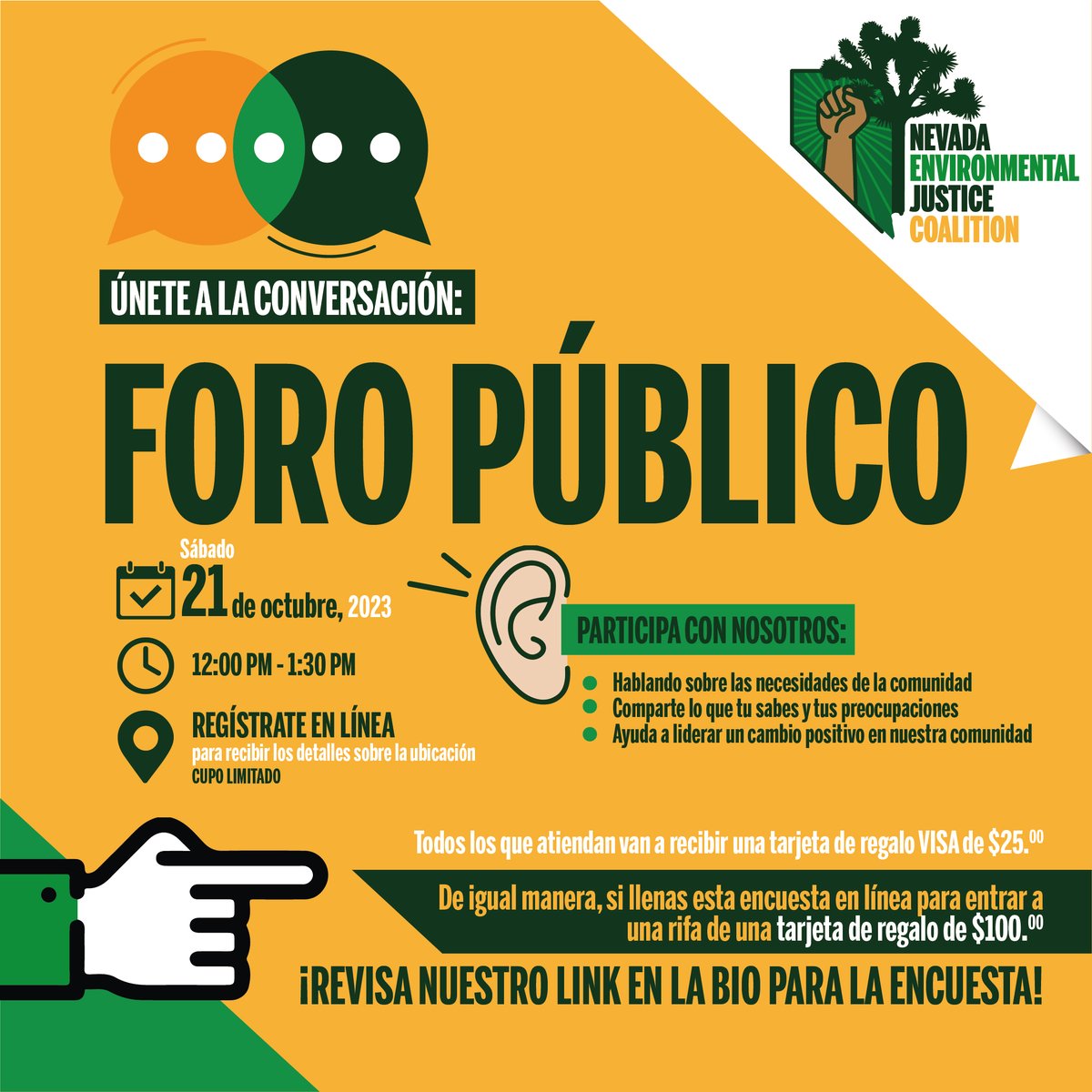 Somos Votantes (@somosvotantes) on Twitter photo Acompaña a <a href="/NVEnviroJustice/">Nevada Environmental Justice Coalition</a> este 10/21 en una conversación comunitaria sobre #JusticiaMedioambiental. 📢¡Tu voz importa! ¡Juntos podemos crear un cambio positivo! ⚠️CUPO LIMITADO ⚠️ Regístrate en línea. Acompaña a <a href="/NVEnviroJustice/">Nevada Environmental Justice Coalition</a> este 10/21 en una conversación comunitaria sobre #JusticiaMedioambiental. 📢¡Tu voz importa! ¡Juntos podemos crear un cambio positivo! ⚠️CUPO LIMITADO ⚠️ Regístrate en línea.