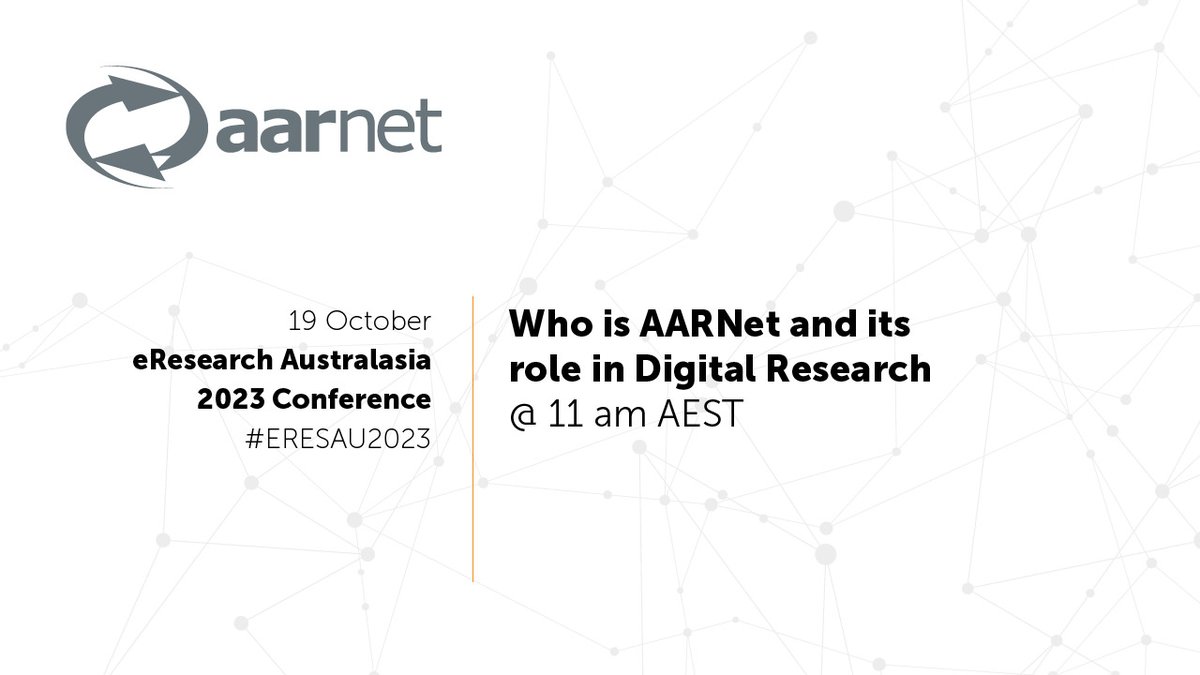 AARNet's tweet photo. We have our next session coming up shortly at #eResAU2023.
Join us at 11am to find out a bit more about who we are and what #AARNet's role is in digital #research. π©βπ¬π¨βπ¬
Find out more at https://t.co/nYSlc1qcZB
#eResearch #datamovement #network https://t.co/2v1AvOIDib