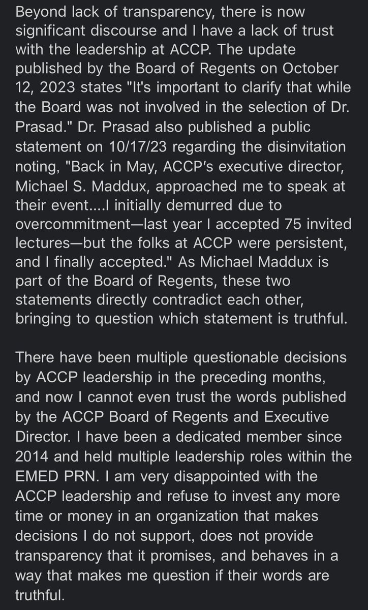 Very a tough decision, but I cancelled my <a href="/ACCP/">ACCP</a> membership effective today. For 10 years, ACCP was my org. I held multiple leadership roles within the EMED PRN &amp; mentored countless pharmacy students and residents. 
.
.
.
But if I can’t trust the Board/Exec Director, Im out ✌🏼