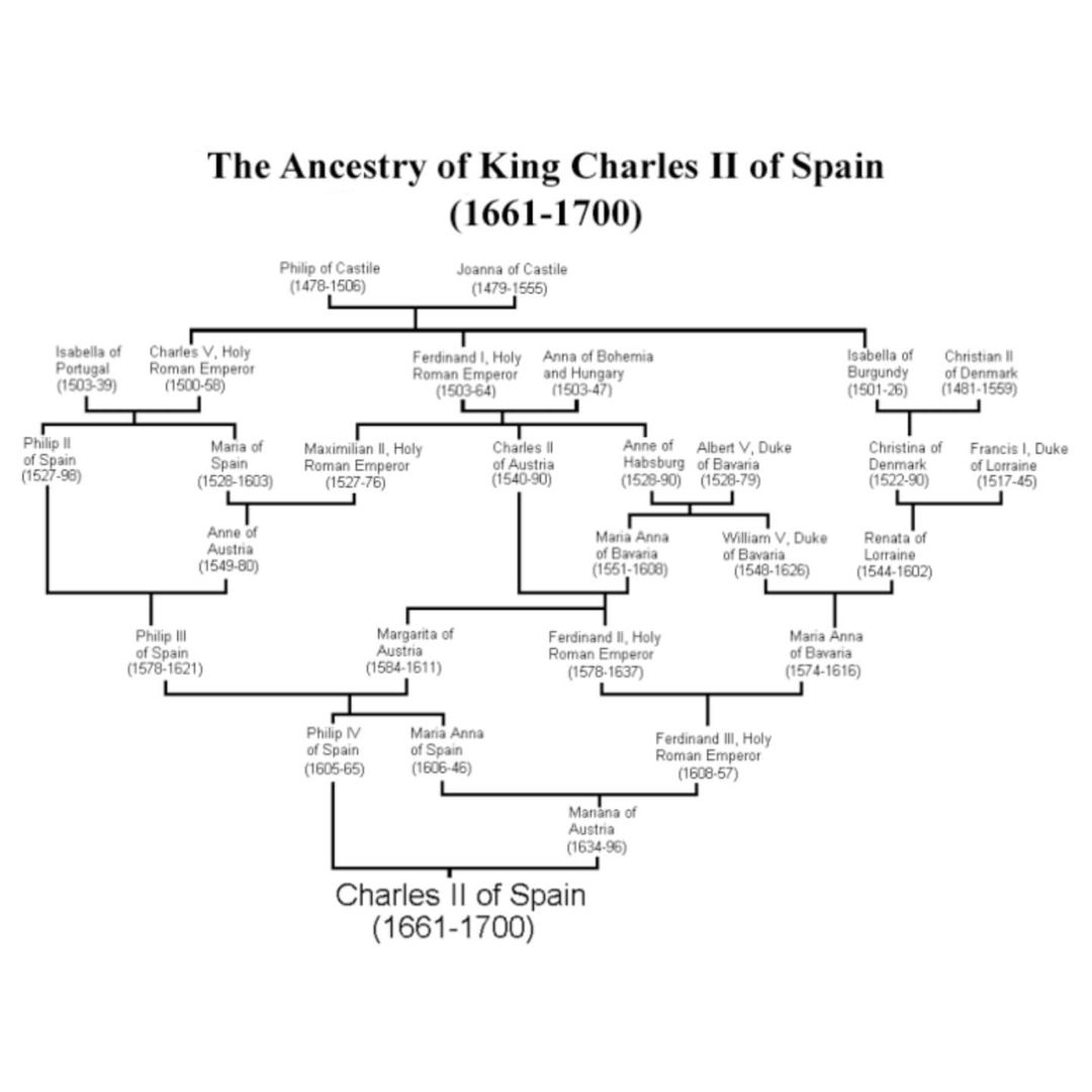 fasc1nate's tweet image. Charles II of Spain was the result of nearly 200 years of inbreeding. 

The House of Habsburgs stopped introducing new genes at around 1550, leading to a circular family tree.

Charles II had been born the son of an uncle-niece relationship, and historians Will and Ariel Durant…