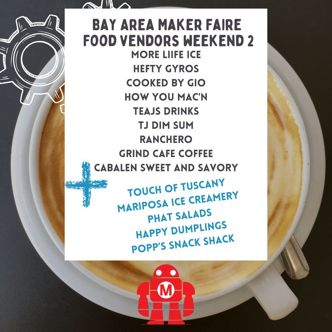 We have MORE amazing food vendors to offer this upcoming weekend 🍴 Make sure to grab your tickets ( buff.ly/3PD5WPs )to try these amazing bites..and, of course, to see the amazing Maker Faire Mare Island in its final weekend for 2023!