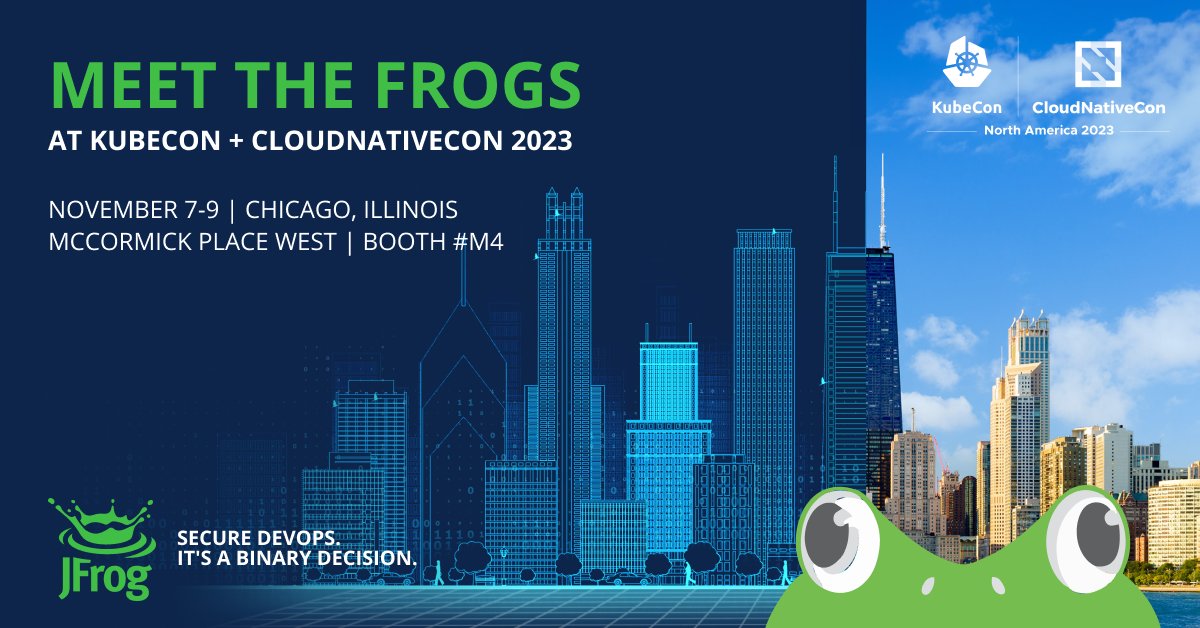 jfrog's tweet photo. The Frogs are headed to Chicago for @KubeCon_! Meet JFrog at Booth #M4, Nov 6-9, for insightful conversation about #DevOps and #DevSecOps, plus the latest strategies for scaling #Kubernetes.

Learn more: https://t.co/QnnQMloEbm https://t.co/MhB1ozYtMQ